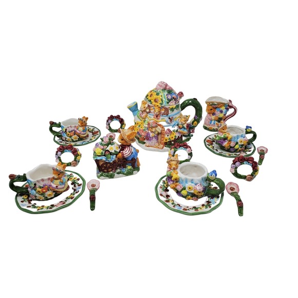 Springtime Tea Set 19pc Set New Open Box Rabbits Bunny Working Set - Picture 2 of 14